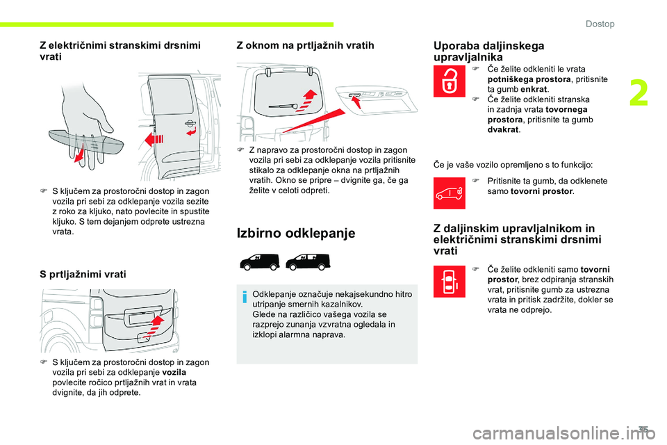 CITROEN JUMPER SPACETOURER 2020  Navodila Za Uporabo (in Slovenian) 35
Z električnimi stranskimi drsnimi 
vrati
S prtljažnimi vratiZ oknom na prtljažnih vratih
F	 Z	napravo	za	prostoročni	dostop	in	zagon	v
ozila pri sebi za odklepanje vozila pritisnite 
stikalo
	 