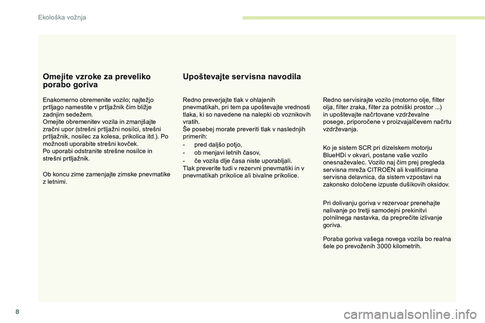 CITROEN JUMPER SPACETOURER 2020 Navodila Za Uporabo (in Slovenian) 8
Omejite vzroke za preveliko
porabo goriva
Enakomerno obremenite vozilo; najtežjo prtljago namestite v prtljažnik čim bližje
z
adnjim
s
edežem.
Omejite
obremenitev vozila i CITROEN JUMPER SPACETOURER 2020 Navodila Za Uporabo (in Slovenian) 8
Omejite vzroke za preveliko
porabo goriva
Enakomerno obremenite vozilo; najtežjo prtljago namestite v prtljažnik čim bližje
z
adnjim
s
edežem.
Omejite
obremenitev vozila i