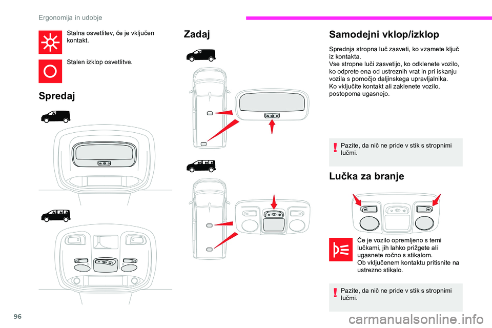 CITROEN JUMPER SPACETOURER 2020  Navodila Za Uporabo (in Slovenian) 96
Stalna	osvetlitev,	če	je	vključen	kontakt.
Stalen izklop osvetlitve.
Spredaj Zadaj
Pazite,	da	nič	ne	pride	v	stik	s	stropnimi	l
učmi.
Lučka za branje
Samodejni vklop/izklop
Če	je	vozilo	oprem