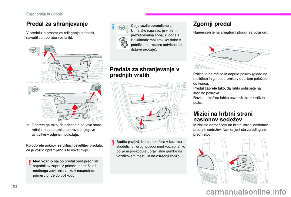 CITROEN JUMPER SPACETOURER 2018  Navodila Za Uporabo (in Slovenian) 102
Predal za shranjevanje
V predalu je prostor za odlaganje plastenk, 
navodil za uporabo vozila itd.
F 
O
 dprete ga tako, da pritisnete na levo stran 
ročaja in pospremite pokrov do njegove 
ustav