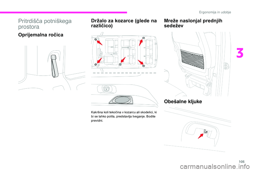 CITROEN JUMPER SPACETOURER 2018 Navodila Za Uporabo (in Slovenian) 105
Pritrdišča potniškega
prostora
Oprijemalna ročicaDržalo za kozarce (glede na
različico)
Kakršna koli tekočina v kozarcu ali skodelici, ki
bi se lahko polila, predstavlja tveganje. Bodit CITROEN JUMPER SPACETOURER 2018 Navodila Za Uporabo (in Slovenian) 105
Pritrdišča potniškega
prostora
Oprijemalna ročicaDržalo za kozarce (glede na
različico)
Kakršna koli tekočina v kozarcu ali skodelici, ki
bi se lahko polila, predstavlja tveganje. Bodit