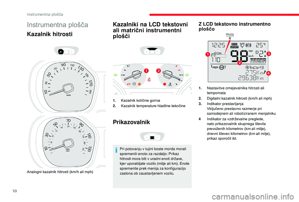 CITROEN JUMPER SPACETOURER 2018 Navodila Za Uporabo (in Slovenian) 10
Instrumentna plošča
Kazalnik hitrosti
Analogni kazalnik hitrosti (km/h ali mph)
Kazalniki na LCD tekstovni
ali matrični instrumentni
plošči
1.Kazalnik količine goriva
2. Kazalnik temperatur CITROEN JUMPER SPACETOURER 2018 Navodila Za Uporabo (in Slovenian) 10
Instrumentna plošča
Kazalnik hitrosti
Analogni kazalnik hitrosti (km/h ali mph)
Kazalniki na LCD tekstovni
ali matrični instrumentni
plošči
1.Kazalnik količine goriva
2. Kazalnik temperatur
