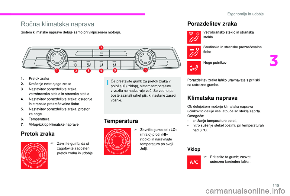 CITROEN JUMPER SPACETOURER 2018  Navodila Za Uporabo (in Slovenian) 115
Ročna klimatska naprava
Sistem klimatske naprave deluje samo pri vključenem motorju.
1.Pretok zraka
2. Kroženje notranjega zraka
3. Nastavitev porazdelitve zraka: 
vetrobransko steklo in strans