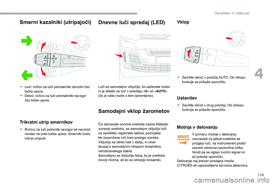 CITROEN JUMPER SPACETOURER 2018  Navodila Za Uporabo (in Slovenian) 129
Trikratni utrip smernikov
F Ročico za luči potisnite navzgor ali navzdol, vendar ne prek točke upora. Smerniki bodo 
trikrat utripnili.
Dnevne luči spredaj (LED)
Luči se samodejno vključijo,