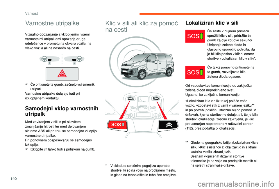 CITROEN JUMPER SPACETOURER 2018 Navodila Za Uporabo (in Slovenian) 140
Varnostne utripalke
Vizualno opozarjanje z vklopljenimi vsemi
varnostnimi utripalkami opozarja druge
udeležence v prometu na okvaro vozila, na
vleko vozila ali na nesrečo na cesti.
F
Č
e pr CITROEN JUMPER SPACETOURER 2018 Navodila Za Uporabo (in Slovenian) 140
Varnostne utripalke
Vizualno opozarjanje z vklopljenimi vsemi
varnostnimi utripalkami opozarja druge
udeležence v prometu na okvaro vozila, na
vleko vozila ali na nesrečo na cesti.
F
Č
e pr