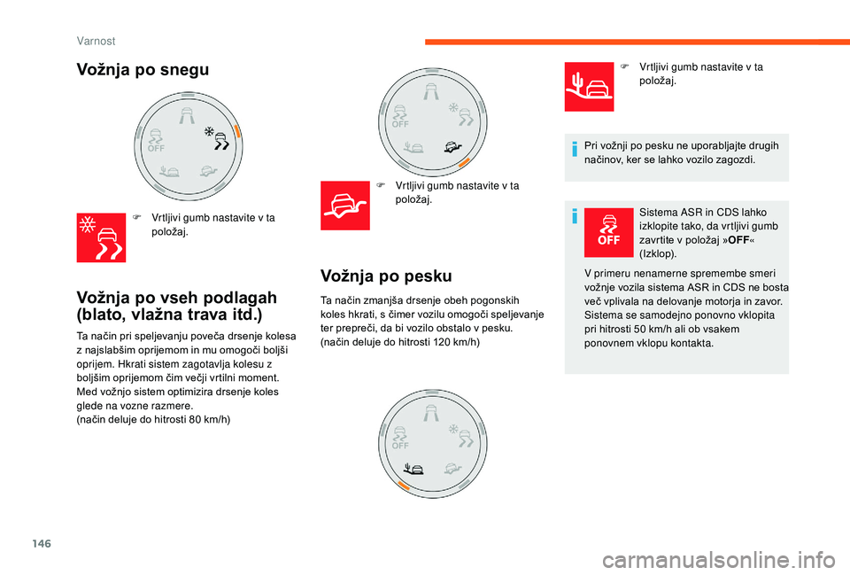 CITROEN JUMPER SPACETOURER 2018  Navodila Za Uporabo (in Slovenian) 146
Vožnja po snegu 
F Vrtljivi gumb nastavite v ta položaj.
Vožnja po vseh podlagah 
(blato, vlažna trava itd.)
F Vrtljivi gumb nastavite v ta položaj.
Ta način pri speljevanju poveča drsenje 