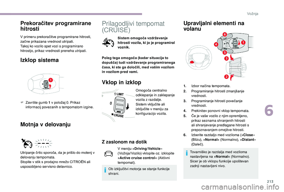 CITROEN JUMPER SPACETOURER 2018  Navodila Za Uporabo (in Slovenian) 213
Prekoračitev programirane 
hitrosti
V primeru prekoračitve programirane hitrosti, 
začne prikazana vrednost utripati.
Takoj ko vozilo spet vozi s programirano 
hitrostjo, prikaz vrednosti prene