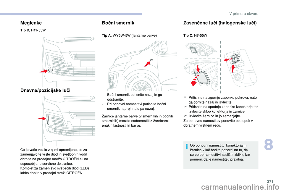CITROEN JUMPER SPACETOURER 2018 Navodila Za Uporabo (in Slovenian) 271
Meglenke
Tip D, H11-55W
Dnevne/pozicijske luči
Če je vaše vozilo z njimi opremljeno, se za
zamenjavo te vrste diod in svetlobnih vodil
obrnite na prodajno mrežo CITROËN ali na
usposobljeno CITROEN JUMPER SPACETOURER 2018 Navodila Za Uporabo (in Slovenian) 271
Meglenke
Tip D, H11-55W
Dnevne/pozicijske luči
Če je vaše vozilo z njimi opremljeno, se za
zamenjavo te vrste diod in svetlobnih vodil
obrnite na prodajno mrežo CITROËN ali na
usposobljeno