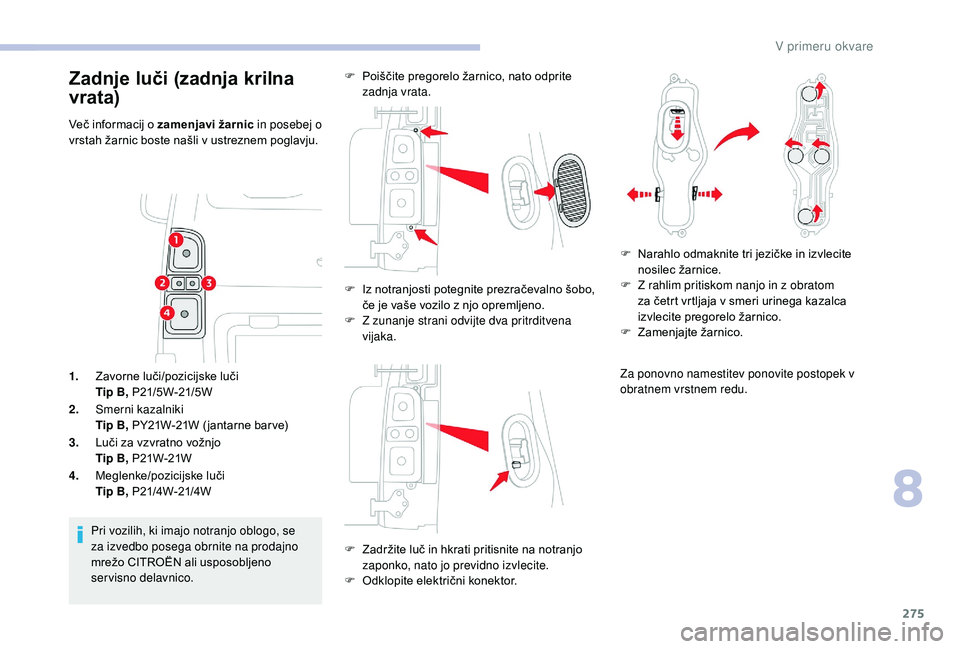 CITROEN JUMPER SPACETOURER 2018 Navodila Za Uporabo (in Slovenian) 275
1.Zavorne luči/pozicijske luči
Tip B, P21/5W-21/5W
2. Smerni kazalniki
Tip B, PY21W-21W ( jantarne bar ve)
3. Luči za vzvratno vožnjo
Tip B, P21W-21W
4. Meglenke/pozicijske luči
Tip B, P21/4W CITROEN JUMPER SPACETOURER 2018 Navodila Za Uporabo (in Slovenian) 275
1.Zavorne luči/pozicijske luči
Tip B, P21/5W-21/5W
2. Smerni kazalniki
Tip B, PY21W-21W ( jantarne bar ve)
3. Luči za vzvratno vožnjo
Tip B, P21W-21W
4. Meglenke/pozicijske luči
Tip B, P21/4W