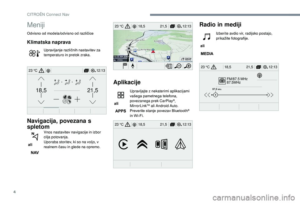 CITROEN JUMPER SPACETOURER 2018  Navodila Za Uporabo (in Slovenian) 4
FM/87.5 MHz
87.5MHz
12:13
18,5 21,5
23 °C
12:13
18,5 21,5
23 °C
12:13
18,5 21,5
23 °C
21,518,5
12:1323 °C
Meniji
Odvisno od modela/odvisno od različice
Klimatska naprava
Upravljanje različnih 