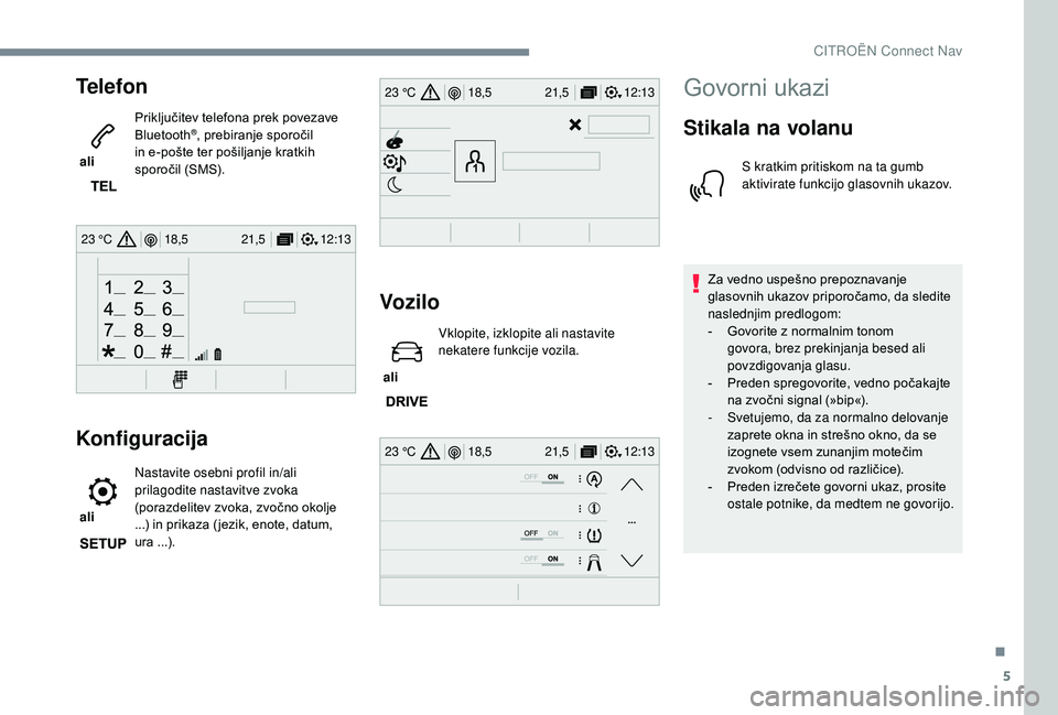 CITROEN JUMPER SPACETOURER 2018  Navodila Za Uporabo (in Slovenian) 5
12:13
18,5 21,5
23 °C
12:13
18,5 21,5
23 °C
12:13
18,5 21,5
23 °C
Telefon
 ali  Priključitev telefona prek povezave 
Bluetooth
®, prebiranje sporočil 
in e-pošte ter pošiljanje kratkih 
spor