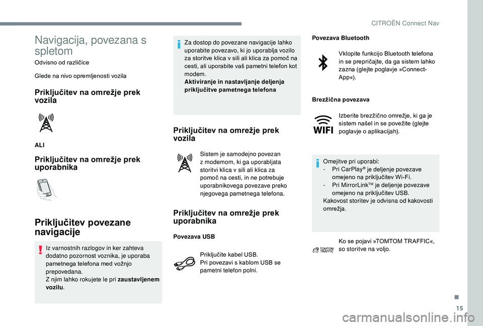 CITROEN JUMPER SPACETOURER 2018  Navodila Za Uporabo (in Slovenian) 15
Navigacija, povezana s 
spletom
Odvisno od različice
Glede na nivo opremljenosti vozila
Priključitev na omrežje prek 
vozila
ALI
Priključitev na omrežje prek 
uporabnika
Priključitev povezane