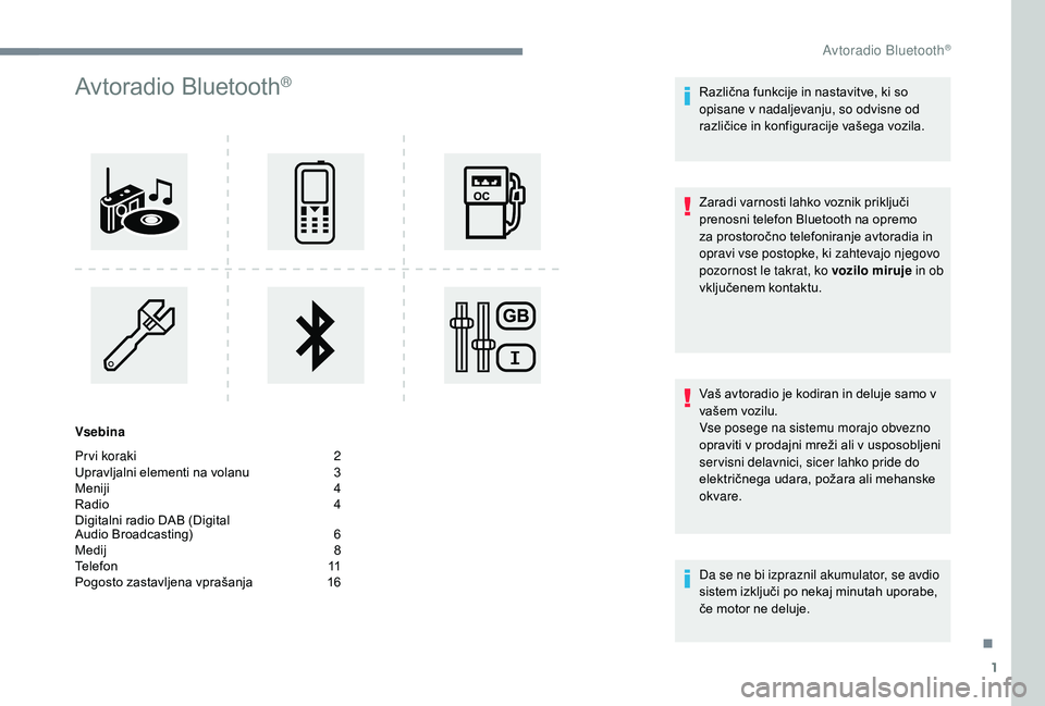 CITROEN JUMPER SPACETOURER 2018  Navodila Za Uporabo (in Slovenian) 1
Avtoradio Bluetooth®
Vsebina
Pr vi koraki  
2
U

pravljalni elementi na volanu   
3
M

eniji   
4
R

adio   
4
D

igitalni radio DAB (Digital 
Audio Broadcasting) 
 
6
M

edij   
8
T

elefon   
1
 