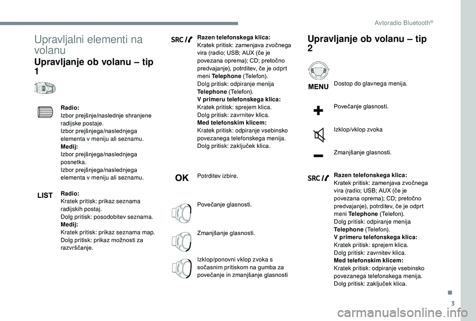 CITROEN JUMPER SPACETOURER 2018  Navodila Za Uporabo (in Slovenian) 3
Upravljalni elementi na 
volanu
Upravljanje ob volanu – tip 
1
Radio:
Izbor prejšnje/naslednje shranjene 
radijske postaje.
Izbor prejšnjega/naslednjega 
elementa v meniju ali seznamu.
Medij:
Iz