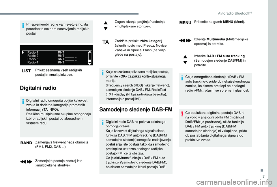 CITROEN JUMPER SPACETOURER 2018 Navodila Za Uporabo (in Slovenian) 7
Prikaz seznama vseh radijskih
postaj in »multipleksov«.
Digitalni radio
Digitalni radio omogoča boljšo kakovost
zvoka in dodatne kategorije prometnih
informacij (TA INFO).
Različne multiplek CITROEN JUMPER SPACETOURER 2018 Navodila Za Uporabo (in Slovenian) 7
Prikaz seznama vseh radijskih
postaj in »multipleksov«.
Digitalni radio
Digitalni radio omogoča boljšo kakovost
zvoka in dodatne kategorije prometnih
informacij (TA INFO).
Različne multiplek