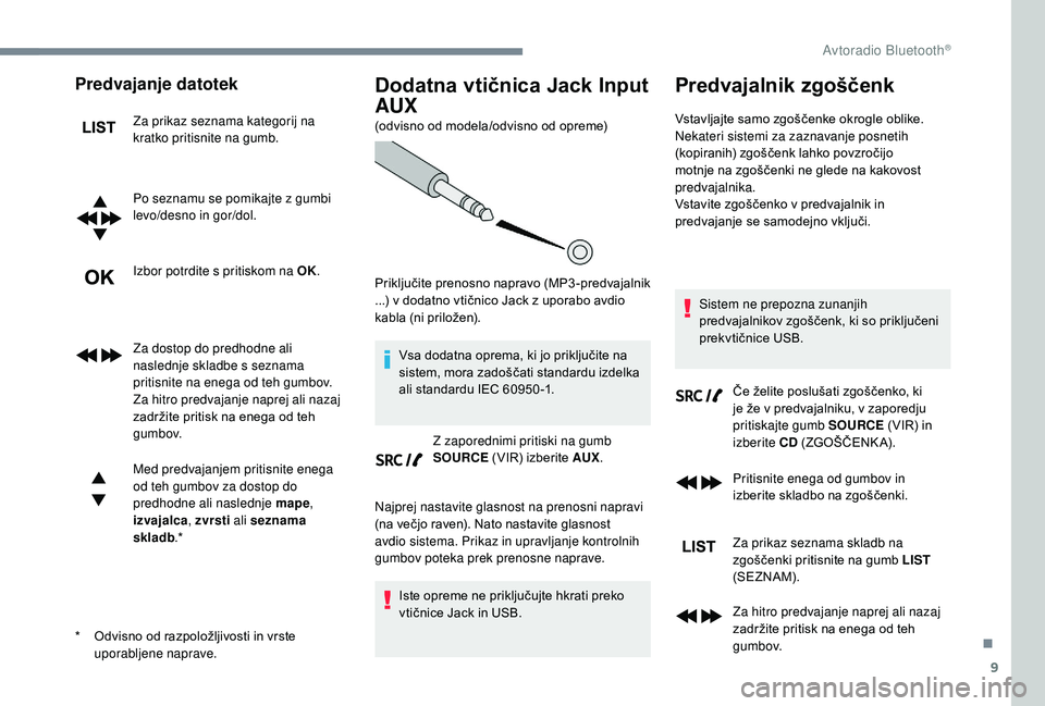CITROEN JUMPER SPACETOURER 2018 Navodila Za Uporabo (in Slovenian) 9
Predvajanje datotek
Za prikaz seznama kategorij na
kratko pritisnite na gumb.
Po seznamu se pomikajte z gumbi
levo/desno in gor/dol.
Izbor potrdite s pritiskom na OK.
Za dostop do predhodne ali
n CITROEN JUMPER SPACETOURER 2018 Navodila Za Uporabo (in Slovenian) 9
Predvajanje datotek
Za prikaz seznama kategorij na
kratko pritisnite na gumb.
Po seznamu se pomikajte z gumbi
levo/desno in gor/dol.
Izbor potrdite s pritiskom na OK.
Za dostop do predhodne ali
n