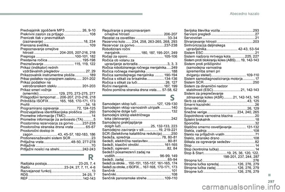 CITROEN JUMPER SPACETOURER 2018  Navodila Za Uporabo (in Slovenian) 297
SSamodejen vklop luči .....................12 7, 129 -13 0
Samodejen vklop varnostnih utripalk ........... 14
0
Samodejne dolge luči
 
................................... 13

2
Samodejni izklop 