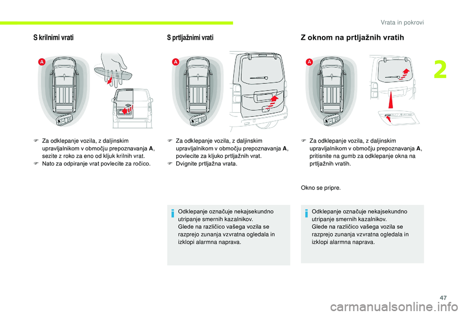 CITROEN JUMPER SPACETOURER 2018 Navodila Za Uporabo (in Slovenian) 47
S krilnimi vratiS prtljažnimi vrati
Odklepanje označuje nekajsekundno
utripanje smernih kazalnikov.
Glede na različico vašega vozila se
razprejo zunanja vzvratna ogledala in
izklopi alarmna CITROEN JUMPER SPACETOURER 2018 Navodila Za Uporabo (in Slovenian) 47
S krilnimi vratiS prtljažnimi vrati
Odklepanje označuje nekajsekundno
utripanje smernih kazalnikov.
Glede na različico vašega vozila se
razprejo zunanja vzvratna ogledala in
izklopi alarmna