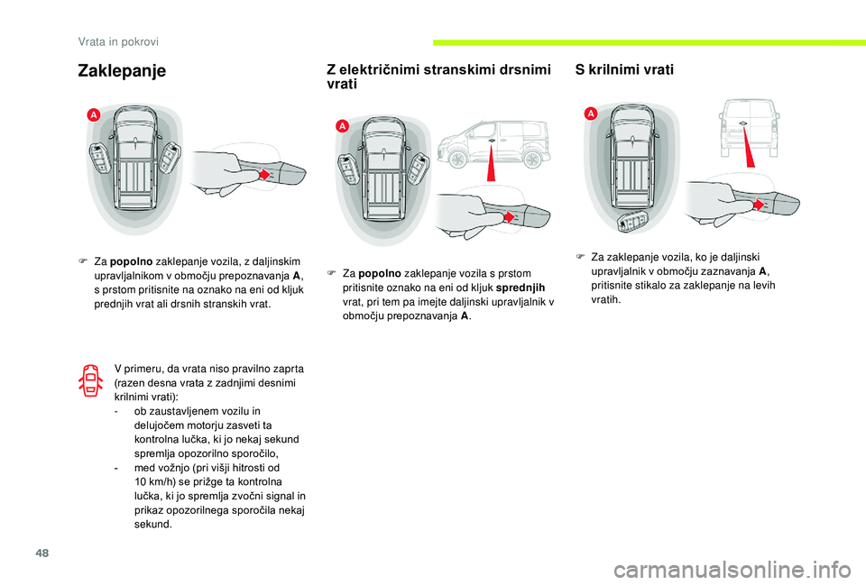 CITROEN JUMPER SPACETOURER 2018 Navodila Za Uporabo (in Slovenian) 48
Zaklepanje
F Za popolno zaklepanje vozila, z daljinskim
upravljalnikom v območju prepoznavanja A ,
s prstom pritisnite na oznako na eni od kljuk
prednjih vrat ali drsnih stranskih vrat.
V prim CITROEN JUMPER SPACETOURER 2018 Navodila Za Uporabo (in Slovenian) 48
Zaklepanje
F Za popolno zaklepanje vozila, z daljinskim
upravljalnikom v območju prepoznavanja A ,
s prstom pritisnite na oznako na eni od kljuk
prednjih vrat ali drsnih stranskih vrat.
V prim