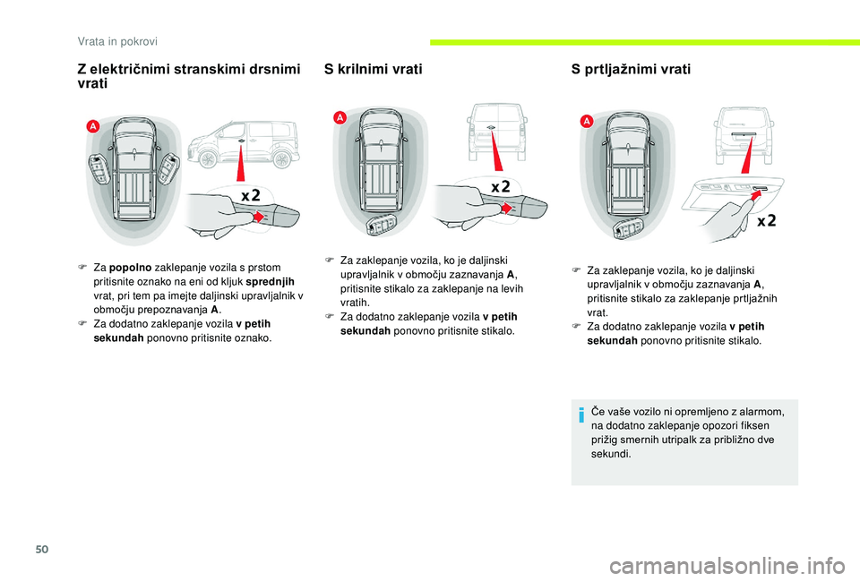 CITROEN JUMPER SPACETOURER 2018  Navodila Za Uporabo (in Slovenian) 50
Z električnimi stranskimi drsnimi 
vrati
F Za popolno  zaklepanje vozila s prstom 
pritisnite oznako na eni od kljuk sprednjih  
vrat, pri tem pa imejte daljinski upravljalnik v 
območju prepozna