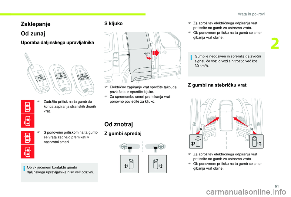 CITROEN JUMPER SPACETOURER 2018  Navodila Za Uporabo (in Slovenian) 61
Zaklepanje
Od zunaj
Uporaba daljinskega upravljalnika
F Zadržite pritisk na ta gumb do konca zapiranja stranskih drsnih 
vrat.
F
 
S p
 onovnim pritiskom na ta gumb 
se vrata začnejo premikati v 