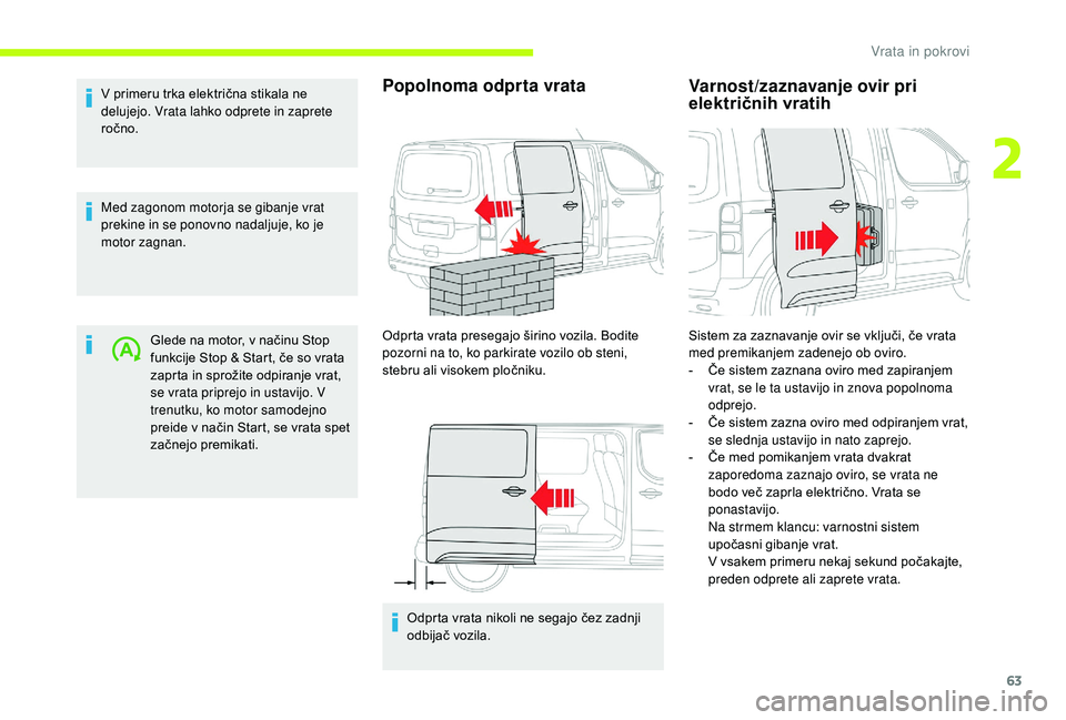 CITROEN JUMPER SPACETOURER 2018 Navodila Za Uporabo (in Slovenian) 63
V primeru trka električna stikala ne
delujejo. Vrata lahko odprete in zaprete
ročno.
Med zagonom motorja se gibanje vrat
prekine in se ponovno nadaljuje, ko je
motor zagnan.Glede na motor, v CITROEN JUMPER SPACETOURER 2018 Navodila Za Uporabo (in Slovenian) 63
V primeru trka električna stikala ne
delujejo. Vrata lahko odprete in zaprete
ročno.
Med zagonom motorja se gibanje vrat
prekine in se ponovno nadaljuje, ko je
motor zagnan.Glede na motor, v
