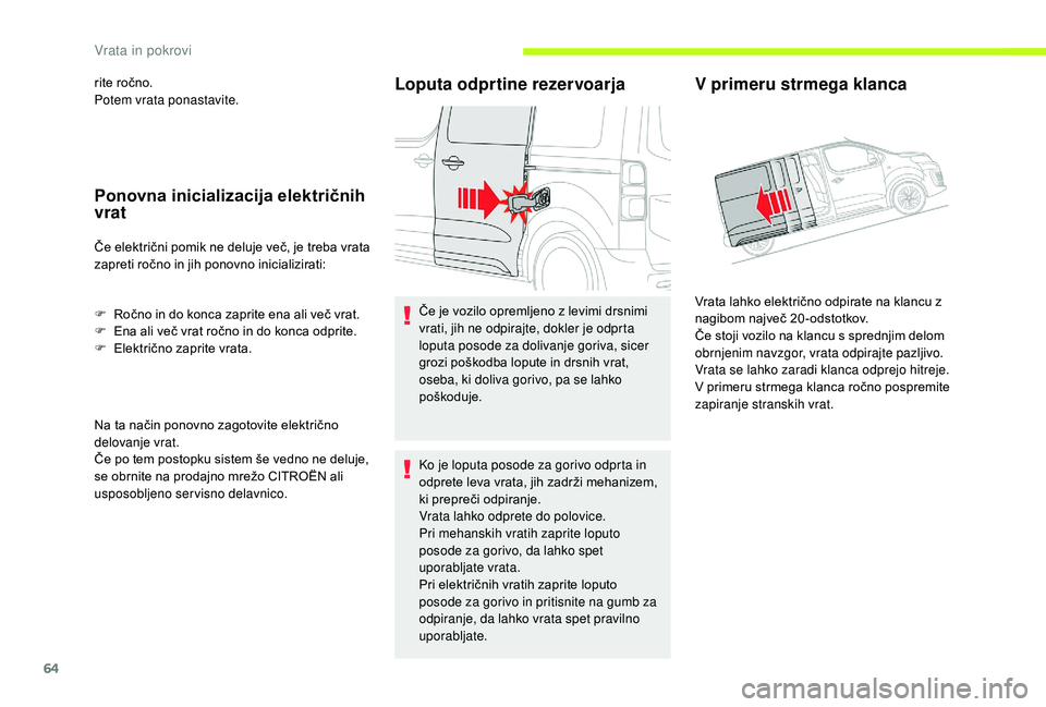 CITROEN JUMPER SPACETOURER 2018 Navodila Za Uporabo (in Slovenian) 64
rite ročno.
Potem vrata ponastavite.
Ponovna inicializacija električnih
vrat
Če električni pomik ne deluje več, je treba vrata
zapreti ročno in jih ponovno inicializirati:
F
R
očno in do CITROEN JUMPER SPACETOURER 2018 Navodila Za Uporabo (in Slovenian) 64
rite ročno.
Potem vrata ponastavite.
Ponovna inicializacija električnih
vrat
Če električni pomik ne deluje več, je treba vrata
zapreti ročno in jih ponovno inicializirati:
F
R
očno in do