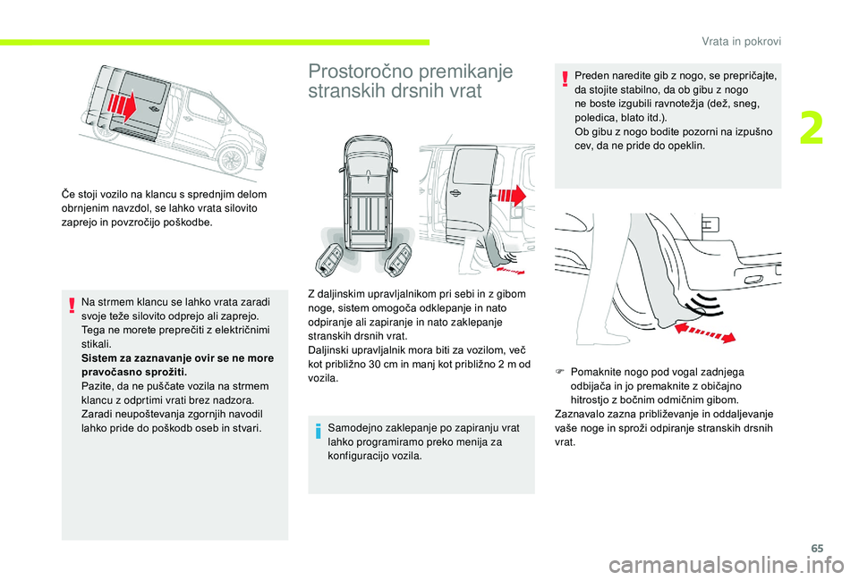 CITROEN JUMPER SPACETOURER 2018 Navodila Za Uporabo (in Slovenian) 65
Če stoji vozilo na klancu s sprednjim delom
obrnjenim navzdol, se lahko vrata silovito
zaprejo in povzročijo poškodbe.Na strmem klancu se lahko vrata zaradi
svoje teže silovito odprejo ali z CITROEN JUMPER SPACETOURER 2018 Navodila Za Uporabo (in Slovenian) 65
Če stoji vozilo na klancu s sprednjim delom
obrnjenim navzdol, se lahko vrata silovito
zaprejo in povzročijo poškodbe.Na strmem klancu se lahko vrata zaradi
svoje teže silovito odprejo ali z