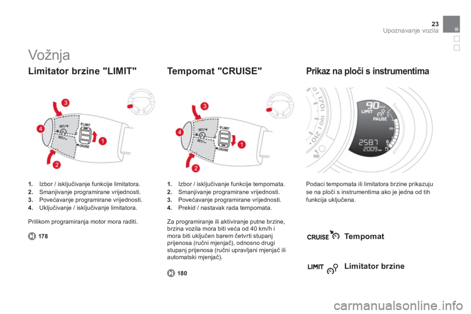 CITROEN DS3 2014  Upute Za Rukovanje (in Croatian) 23Upoznavanje vozila
  Vožnja  
1. 
 Izbor / isključivanje funkcije limitatora.2.Smanjivanje programirane vrijednosti.3.Povećavanje programirane vrijednosti. 4. 
 Uključivanje / isključivanje lim
