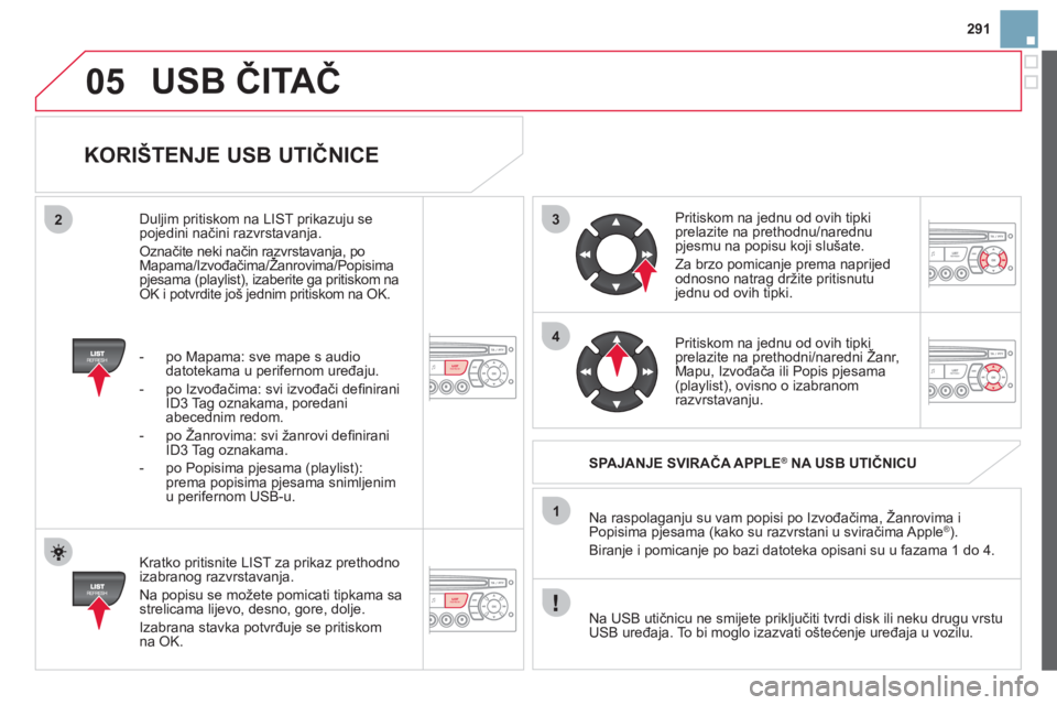 CITROEN DS3 2013 Upute Za Rukovanje (in Croatian) 291
3
4
05
2
1
LISTREFRESH
LISTREFRESH
KORIŠTENJE USB UTIČNICE
Kratko pritisnite LIST za prikaz prethodnoizabranog razvrstavanja.
Na popisu se možete pomicati tipkama sa
strelicama lijev CITROEN DS3 2013 Upute Za Rukovanje (in Croatian) 291
3
4
05
2
1
LISTREFRESH
LISTREFRESH
KORIŠTENJE USB UTIČNICE
Kratko pritisnite LIST za prikaz prethodnoizabranog razvrstavanja.
Na popisu se možete pomicati tipkama sa
strelicama lijev