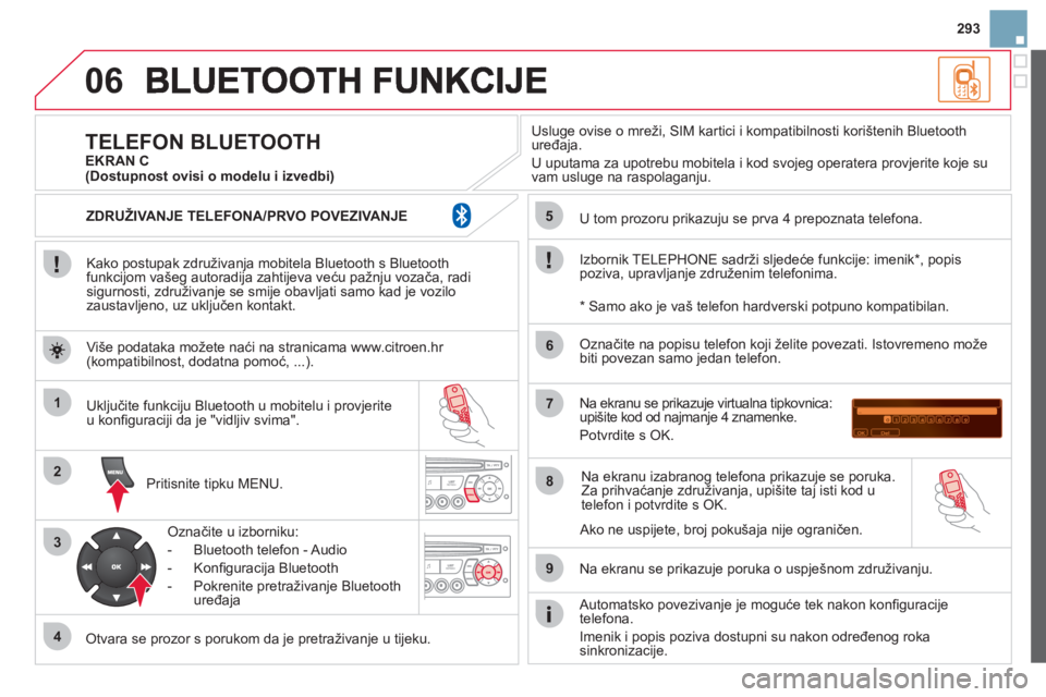 CITROEN DS3 2013 Upute Za Rukovanje (in Croatian) 293
06
1
2
3
4
5
6
7
8
9
MENU
OK
Kako postupak združivanja mobitela Bluetooth s Bluetoothfunkcijom vašeg autoradija zahtijeva veću pažnju vozača, radisigurnosti, združivanje se smije obavlja CITROEN DS3 2013 Upute Za Rukovanje (in Croatian) 293
06
1
2
3
4
5
6
7
8
9
MENU
OK
Kako postupak združivanja mobitela Bluetooth s Bluetoothfunkcijom vašeg autoradija zahtijeva veću pažnju vozača, radisigurnosti, združivanje se smije obavlja