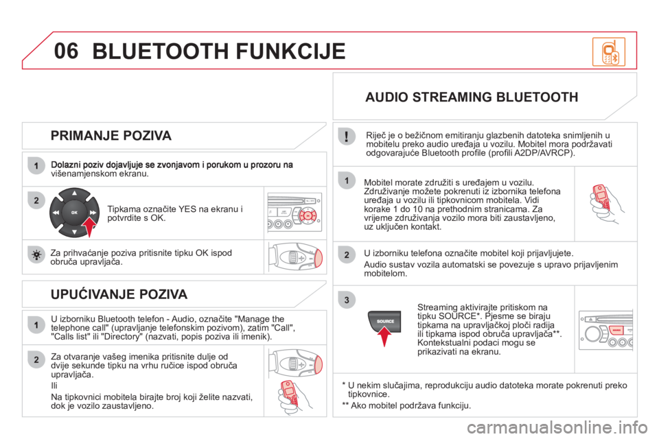 CITROEN DS3 2011  Upute Za Rukovanje (in Croatian) 06
2
1
2
2
3
   
PRIMANJE POZIVA 
višenamjenskom ekranu.  
Mobitel morate združiti s uređajem u vozilu. 
Združivanje možete pokrenuti iz izbornika telefona
uređaja u vozilu ili tipkovnicom mobit