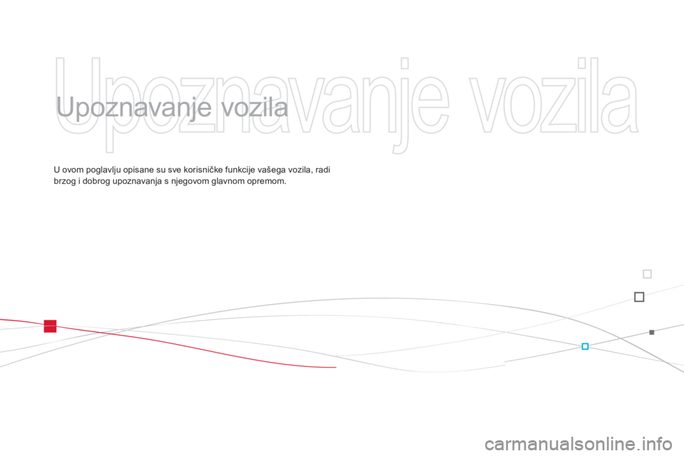 CITROEN DS3 2011  Upute Za Rukovanje (in Croatian)   Upoznavanje vozila 
 
   
Upoznavanje vozila  
U ovom poglavlju opisane su sve korisničke funkcije vašega vozila, radi
brzog i dobrog upoznavanja s njegovom glavnom opremom. 