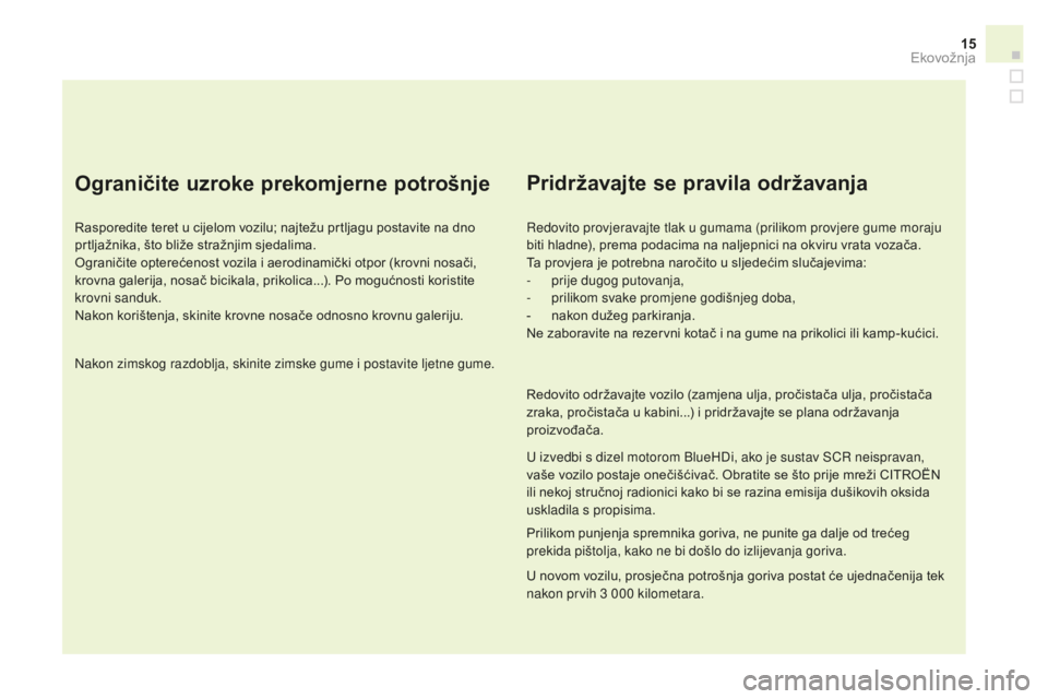 CITROEN DS3 CABRIO 2017 Upute Za Rukovanje (in Croatian) 15
DS3_hr_Chap00c_eco-conduite_ed02-2015
Ograničite uzroke prekomjerne potrošnje
Rasporedite teret u cijelom vozilu; najtežu prtljagu postavite na dno
prtljažnika, što bliže stražnjim sjedalim CITROEN DS3 CABRIO 2017 Upute Za Rukovanje (in Croatian) 15
DS3_hr_Chap00c_eco-conduite_ed02-2015
Ograničite uzroke prekomjerne potrošnje
Rasporedite teret u cijelom vozilu; najtežu prtljagu postavite na dno
prtljažnika, što bliže stražnjim sjedalim