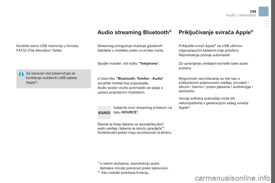 CITROEN DS3 CABRIO 2017 Upute Za Rukovanje (in Croatian) 349
DS3_hr_Chap11d_RD45_ed02-2015
Koristite samo USB memorije u formatu
FAT32 (File Allocation Table).
Za ispravan rad preporučuje se
korištenje službenih USB kabela
Apple
®.
*
U n
ekim sl CITROEN DS3 CABRIO 2017 Upute Za Rukovanje (in Croatian) 349
DS3_hr_Chap11d_RD45_ed02-2015
Koristite samo USB memorije u formatu
FAT32 (File Allocation Table).
Za ispravan rad preporučuje se
korištenje službenih USB kabela
Apple
®.
*
U n
ekim sl