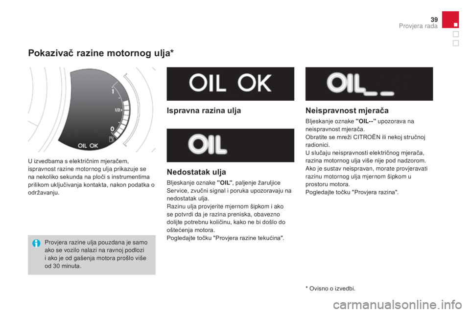 CITROEN DS3 CABRIO 2016  Upute Za Rukovanje (in Croatian) 39
DS3_hr_Chap01_controle-de-marche_ed01-2015
U izvedbama s električnim mjeračem, 
ispravnost razine motornog ulja prikazuje se 
na nekoliko sekunda na ploči s instrumentima 
prilikom uključivanja