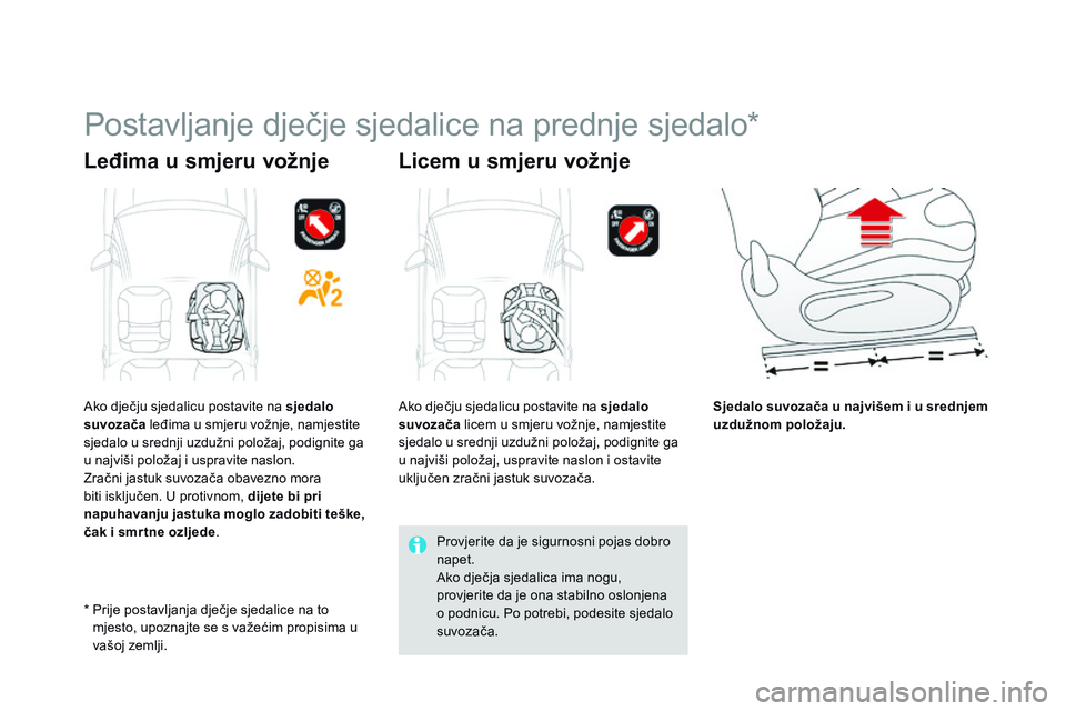 CITROEN DS3 CABRIO 2015 Upute Za Rukovanje (in Croatian) ds3_hr_Chap09_securite-enfants_ed01-2014
Postavljanje dječje sjedalice na prednje sjedalo*
Leđima u smjeru vožnje Licem u smjeru vožnje
Sjedalo suvozača u najvišem i u srednjem
uzdužnom polož CITROEN DS3 CABRIO 2015 Upute Za Rukovanje (in Croatian) ds3_hr_Chap09_securite-enfants_ed01-2014
Postavljanje dječje sjedalice na prednje sjedalo*
Leđima u smjeru vožnje Licem u smjeru vožnje
Sjedalo suvozača u najvišem i u srednjem
uzdužnom polož