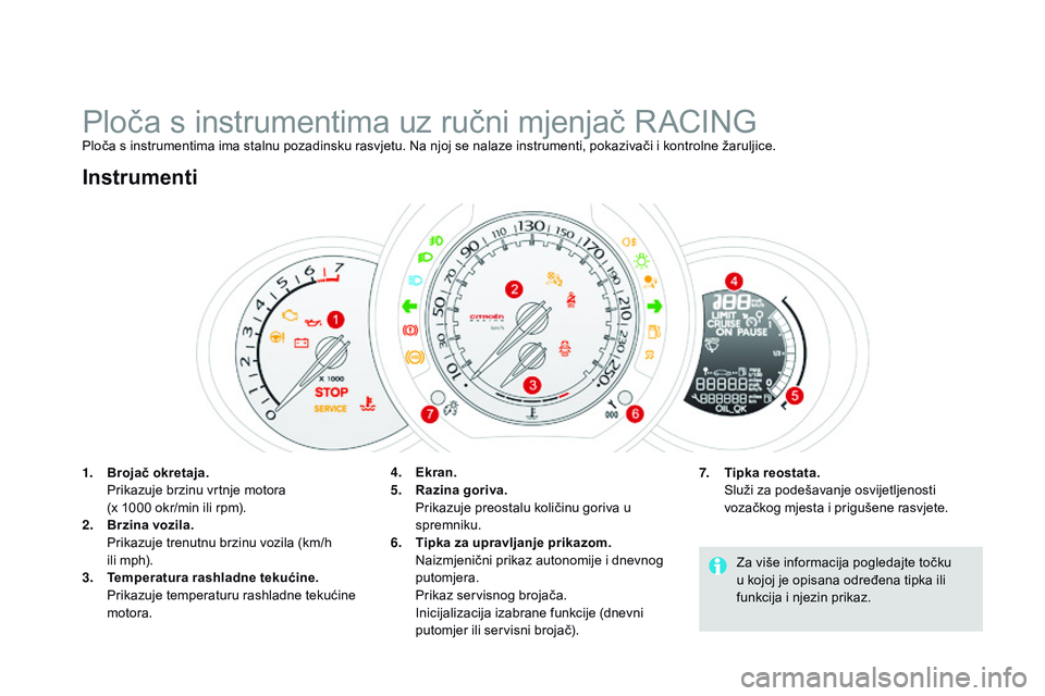 CITROEN DS3 CABRIO 2015 Upute Za Rukovanje (in Croatian) ds3_hr_Chap01_controle-de-marche_ed01-2014
Ploča s instrumentima uz ručni mjenjač raCi nGPloča s instrumentima ima stalnu pozadinsku rasvjetu. na n joj se nalaze instrumenti, pokazivači i kontrol CITROEN DS3 CABRIO 2015 Upute Za Rukovanje (in Croatian) ds3_hr_Chap01_controle-de-marche_ed01-2014
Ploča s instrumentima uz ručni mjenjač raCi nGPloča s instrumentima ima stalnu pozadinsku rasvjetu. na n joj se nalaze instrumenti, pokazivači i kontrol