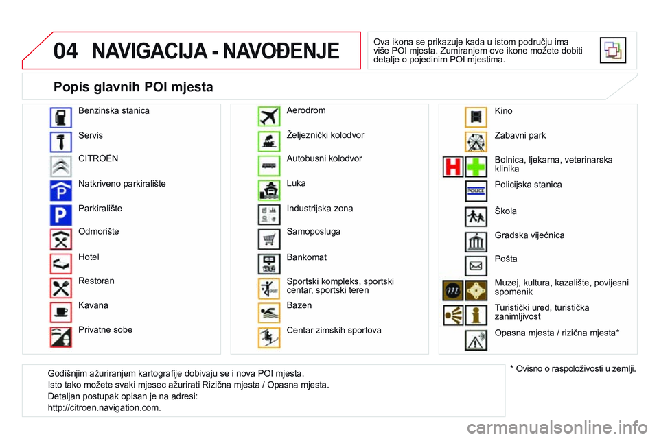 CITROEN DS3 CABRIO 2015 Upute Za Rukovanje (in Croatian) 04
ds3_hr_Chap13b_rT6-2-8_ed01-2014
nAVIGACIJA - nAVO đ E n JE
ova ikona se prikazuje kada u istom području ima
više P oi mjesta. z umiranjem ove ikone možete dobiti
detalje o pojedinim P
oi CITROEN DS3 CABRIO 2015 Upute Za Rukovanje (in Croatian) 04
ds3_hr_Chap13b_rT6-2-8_ed01-2014
nAVIGACIJA - nAVO đ E n JE
ova ikona se prikazuje kada u istom području ima
više P oi mjesta. z umiranjem ove ikone možete dobiti
detalje o pojedinim P
oi