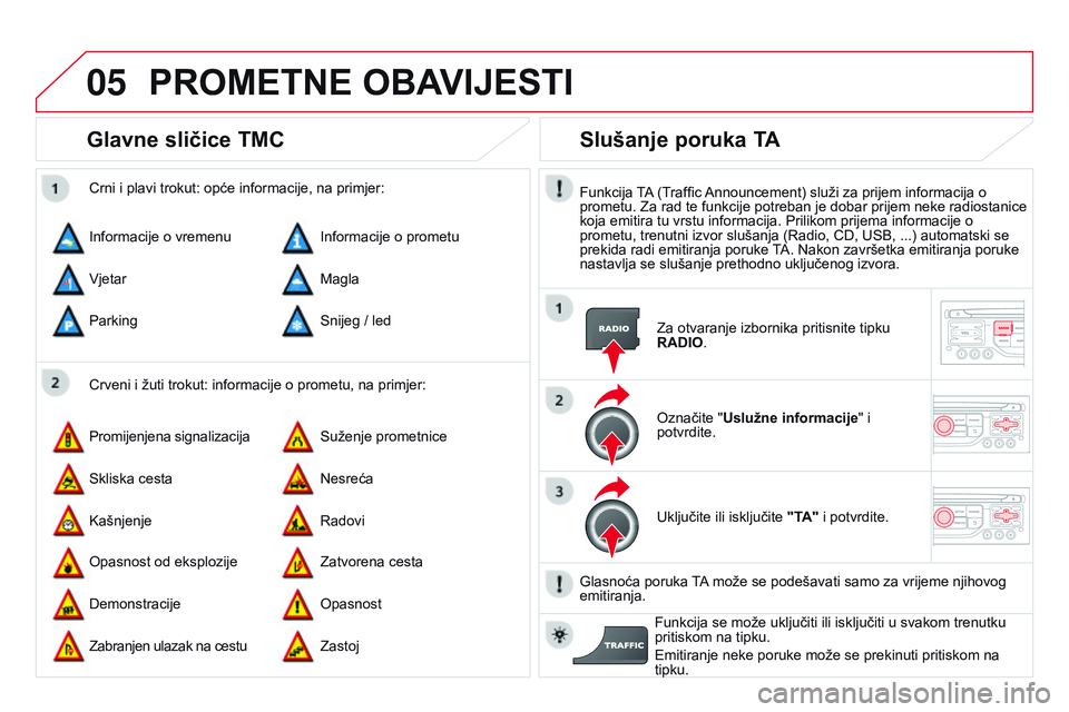 CITROEN DS3 CABRIO 2015 Upute Za Rukovanje (in Croatian) 05
ds3_hr_Chap13b_rT6-2-8_ed01-2014
Glavne sličice TMC
Crveni i žuti trokut: informacije o prometu, na primjer:
Crni i plavi trokut: opće informacije, na primjer:
i
nformacije o vremenu
Promijenje CITROEN DS3 CABRIO 2015 Upute Za Rukovanje (in Croatian) 05
ds3_hr_Chap13b_rT6-2-8_ed01-2014
Glavne sličice TMC
Crveni i žuti trokut: informacije o prometu, na primjer:
Crni i plavi trokut: opće informacije, na primjer:
i
nformacije o vremenu
Promijenje