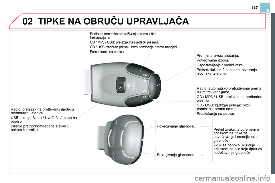 CITROEN DS3 CABRIO 2015  Upute Za Rukovanje (in Croatian) 02
337
ds3_hr_Chap13c_rd45_ed01_2014
TIPkE nA OBRUČU   UPRAVLJAČA
radio: automatsko pretraživanje prema višim 
frekvencijama.
C
d  / MP3 / U s B: prelazak na sljedeću pjesmu.
C
d  / U s B: zadrž