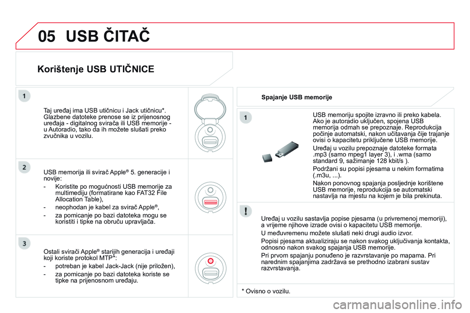 CITROEN DS3 CABRIO 2015  Upute Za Rukovanje (in Croatian) 05
ds3_hr_Chap13c_rd45_ed01_2014
USB ČITAČ
Uređaj u vozilu sastavlja popise pjesama (u privremenoj memoriji), 
a vrijeme njihove izrade ovisi o kapacitetu Us B memorije.
U međuvremenu možete slu