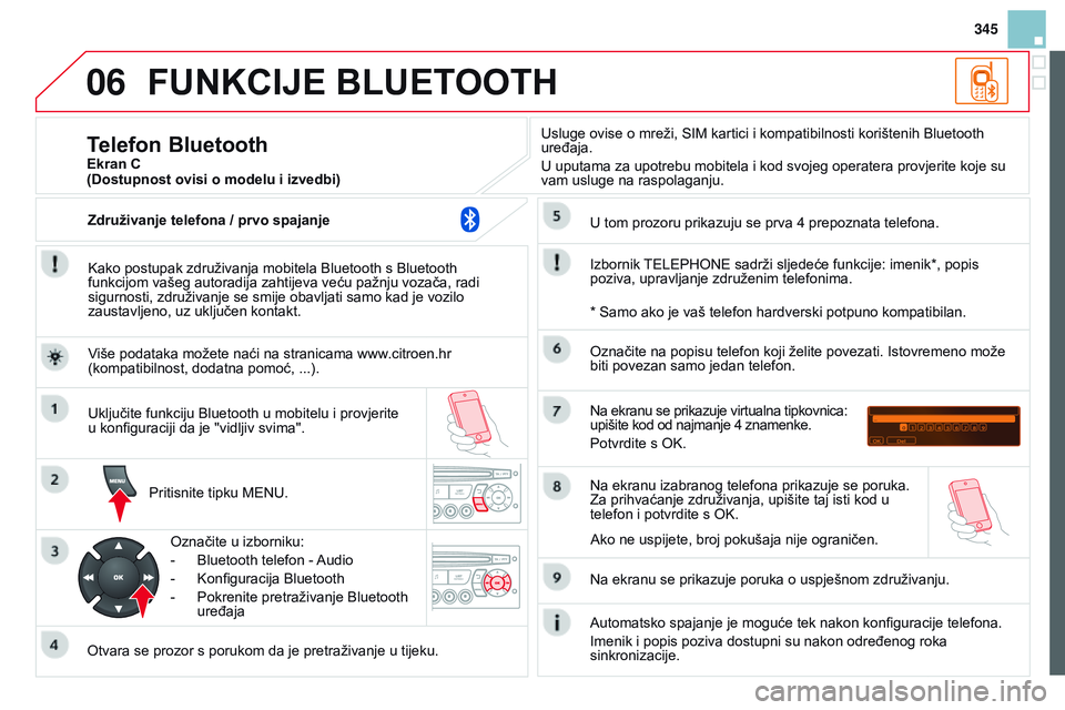 CITROEN DS3 CABRIO 2015  Upute Za Rukovanje (in Croatian) 06
345
ds3_hr_Chap13c_rd45_ed01_2014
FUnkCIJE BLUETOOTH
kako postupak združivanja mobitela Bluetooth s Bluetooth 
funkcijom vašeg autoradija zahtijeva veću pažnju vozača, radi 
sigurnosti, združ