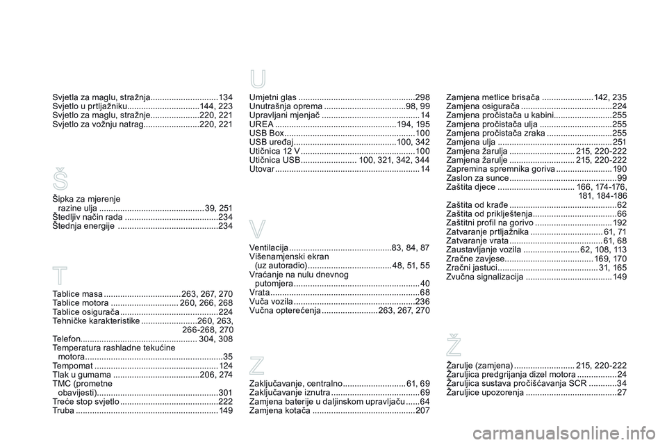 CITROEN DS3 CABRIO 2015  Upute Za Rukovanje (in Croatian) ds3_hr_Chap14_index-recherche_ed01-2014
Umjetni glas .............................. ....................298
Unutrašnja oprema ...................................9 8, 99
Upravljani mjenjač
 .........