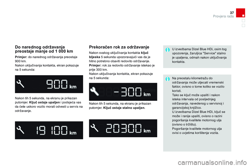 CITROEN DS3 CABRIO 2015 Upute Za Rukovanje (in Croatian) 37
ds3_hr_Chap01_controle-de-marche_ed01-2014
Do narednog održavanja
preostaje manje od 1 000 km
Primjer: do narednog održavanja preostaje
900 km.
na
kon uključivanja kontakta, ekran pokazuje
CITROEN DS3 CABRIO 2015 Upute Za Rukovanje (in Croatian) 37
ds3_hr_Chap01_controle-de-marche_ed01-2014
Do narednog održavanja
preostaje manje od 1 000 km
Primjer: do narednog održavanja preostaje
900 km.
na
kon uključivanja kontakta, ekran pokazuje