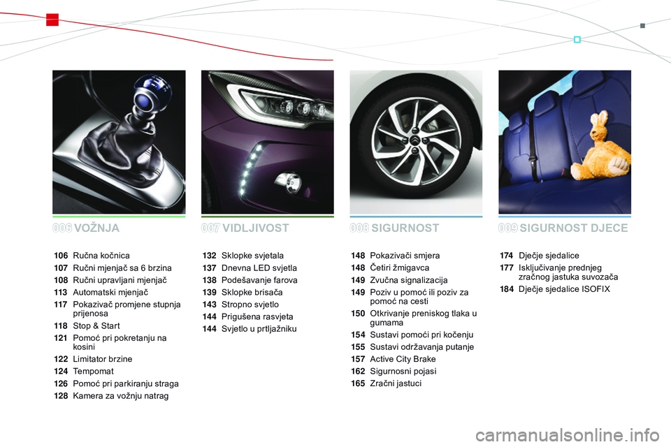 CITROEN DS3 CABRIO 2015  Upute Za Rukovanje (in Croatian) ds3_hr_Chap00a_sommaire_ed01-2014
SIGURnOST
VO
žn
JA SIGURnOST DJECE
174 dječje sjedalice
17 7
 
 i
s
 ključivanje prednjeg 
zračnog jastuka suvozača
184
 

d ječje sjedalice 
i
 so
FiX
14

8 P
