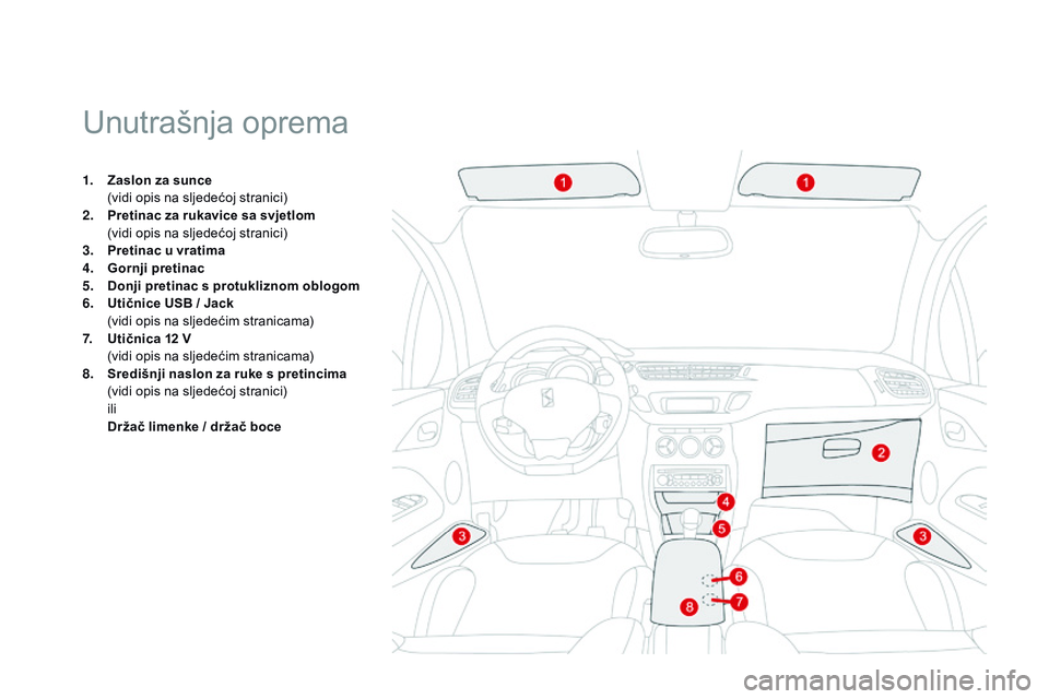 CITROEN DS3 CABRIO 2015 Upute Za Rukovanje (in Croatian) ds3_hr_Chap05_amenagement_ed01-2014
Unutrašnja oprema
1. Zaslon za sunce (
vidi opis na sljedećoj stranici)
2.
P
retinac za rukavice sa svjetlom
(
vidi opis na sljedećoj stranici)
3.
P
reti CITROEN DS3 CABRIO 2015 Upute Za Rukovanje (in Croatian) ds3_hr_Chap05_amenagement_ed01-2014
Unutrašnja oprema
1. Zaslon za sunce (
vidi opis na sljedećoj stranici)
2.
P
retinac za rukavice sa svjetlom
(
vidi opis na sljedećoj stranici)
3.
P
reti