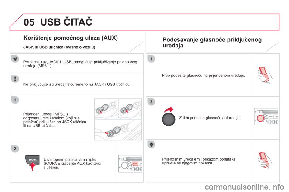 CITROEN DS3 CABRIO 2014  Upute Za Rukovanje (in Croatian) 05
   
Prijenosnim uređajem i prikazom podatakaupravlja se njegovim tipkama. Prvo podesite 
glasnoću na prijenosnom uređaju.
Zatim podesite 
glasnoću autoradija.  
 
 
 
 
 
 
 
 
 
 
 
 
 
 
 
 
