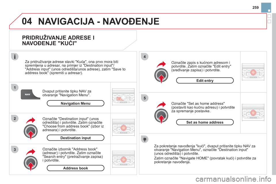 CITROEN DS3 CABRIO 2013  Upute Za Rukovanje (in Croatian) 259
04
1
2
3
5
4
NAVIGACIJA - NAVOĐENJE
 
 
PRIDRUŽIVANJE ADRESE I 
NAVOĐENJE "KUĆI" 
Dvaput pritisnite tipku NAV za
otvaranje "Navigation Menu".    
Za pridruživan
je adrese stavki "Kuća", ona 