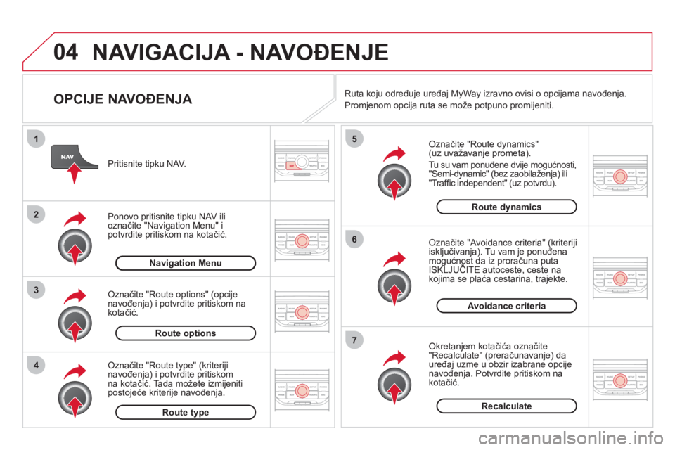 CITROEN DS3 CABRIO 2013  Upute Za Rukovanje (in Croatian) 04
4
3
2
1
7
6
5
NAVIGACIJA - NAVOĐENJE
 
 
OPCIJE NAVOĐENJA 
 
 Označite "Route dynamics"(uz uvažavanje prometa). 
  Tu su vam ponuđene dvije mogućnosti,
"Semi-dynamic" (bez zaobilaženja) ili"